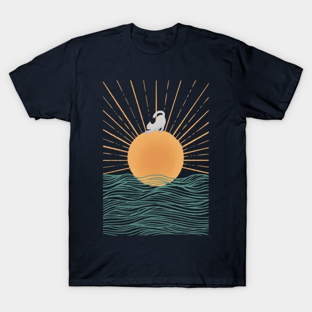 Yoga Cat on Sunrise ocean wave II T-Shirt by Chewbarber